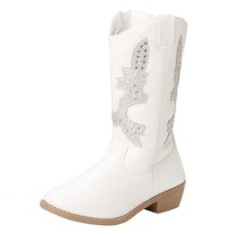 Boots Unishuni Kids Cowgirl for Girls Western Round Toe Boot with Walking Heel Fashion White Spring Autumn Children 230811