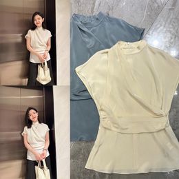 Women's Blouses High Quality Women Silk Short Sleeve Slim Pleated Pullover Blouse Elegant Lady All Match Office Work O-neck Basic Tops