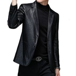 Men's Jackets 2023 Spring Autumn Vintage Soft Faux Leather Male Classic Slim Fit Pattern Suit Black Blazers Coats 230812