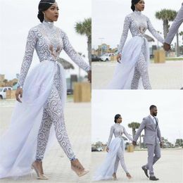 2022 Wedding Dress Gorgeous Jumpsuits With Detachable Train High Neck Beads Crystal Long Sleeves Modest Dresses African Bridal Gow2162