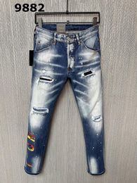 Men's Jeans 2023 Blue Letter Printing Hole Scratched Fashion Pencil Pants 9882#