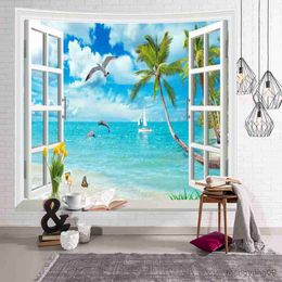 Tapestries Landscape Ocean Windows Tapestry Wall Hanging Decor Room Tapestry Tie Blanket Home Bedroom Decoration R230812