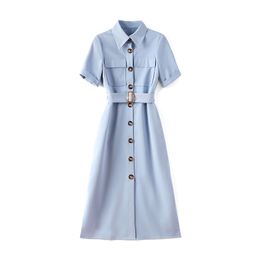 2023 Summer BlueSolid Colour Waist Belted Dress Short Sleeve Lapel Neck Double Pockets Knee-Length Casual Dresses W3Q064706