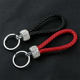 Keychains Lanyards Rhinestone PU Leather Braided Rope Keychain Woven KeyRing For Women Men Classic Car Key Holder Accessories Gift Souvenir