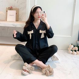 Women's Sleepwear Spring Sexy Black Ice Silk Long Sleeve Shirt Trousers Pajamas Fashion Pyjamas Set Nightwear Homewear