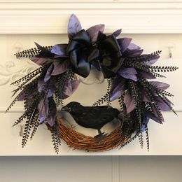 Decorative Flowers Halloween Crow Bow Ribbon Wreath Door Hanger: Terrifying Party Decoration With Realistic Vine