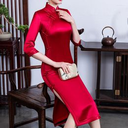 Ethnic Clothing Chinese Traditional Improved Mandarin Collar Cheongsam Red Side Split Dress Formal Party Gown Long Vintage Button Vestidos