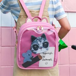 School Bags MSMO Lovely Cat Ear Leather Backpacks Candy Colour Transparent Bag Women Shoulder Bags School Teenage Girls Travel Bagpack Itabag 230811