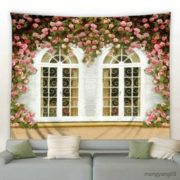 Tapestries Pink Flowers Green Plants Landscape Garden Background Decor Tapestry Rural Scenery Mural Wall Hanging Bedroom Dorm Home Blanket R230812