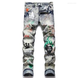 Men's Jeans Brand Men Printed Stretch Denim Streetwear Patchwork Painted Biker Pants Holes Ripped Distressed Slim Tapered Trousers