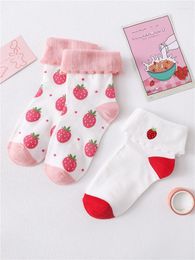 Women Socks Kawaii Strawberry Ruffle Ankle Japanese Cute Soft Girl Lolita Student Summer Autumn Short Cotton Set Pink