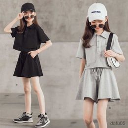 Clothing Sets 2023 Summer New Fashion Teenager Girls Clothing Sets Casual College Style Shirt Tops Shorts Kids Tracksuit R230812