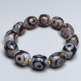 Strand Tibet Fengshui Old Agate Bracelet Men Women Genuine Tibetan Buddhism Three Eyes Dzi Beads Elastic Amulet Bangle