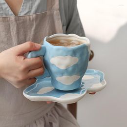 Mugs Creative Personalised Hand Painted Cloud Mug With Plate Ceramic Coffee Tea Milk Cups Breakfast Bread Cake Dish Kitchen Tableware