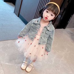 Clothing Sets Girls Clothing Embroidery Costume For Girls Denim Jacket Mesh Dress Girls Clothes Set Spring Autumn Kids Clothing