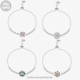 S925 Sterling Silver Bracelet Push Pull Claw Chain Contraction Beads Adjust Flower Drops