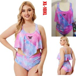 Women's Swimwear 2023 Summer Plus Size XL-10XL Two Pieces Bikinis Set Printed Ruffle Big Swimsuit Large Female Swimming Suits