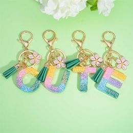 Keychains Lanyards Gold Glitter A-Z 26 Letters Keychain With Pink Flower Colorful Sequins Filled Acrylic Keyrings For Women Handbags Accessories