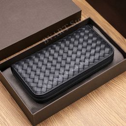Men's Leather Wallet Luxury Brand Designer Long Storage Wallet Ladies Phone Bag Fashion Couple Wallet Hand-Woven 100% Sheep Leather 2023 New Blue Color Black