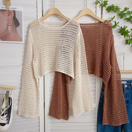 Women's Blouses Knitted Blouse Top Women Flare Sleeve Solid Hollow Out Ladies Tops Korean Style Summer O-Neck Loose Clothes Pullover