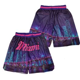 Outdoor Shorts Basketball Shorts Miami Night Elastic drawstring waistband Embroidery Outdoor Sport Shorts Beach Pants Four Pocket Purple 230811