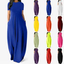 Basic Casual Dresses S-5XL 11Colors Oversize O-Neck Pockets Long Dress Casual Solid Short Sleeve High Waist Women Summer Party Daily Travel Maxi Wear 230811