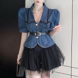 Women's Tracksuits Summer 2 Piece Set Women Short Sleeve Jacket Denim Coat Slim Crop Top Mesh Skirt Shorts Sets Korean Fashion Two Suits