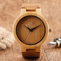 Wristwatches Genuine Leather Bamboo Wood Quartz Men's Wristwatch Black Analogue Display Natural Casual Man Clock Pin Buckle Watch Strap