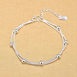 Link Bracelets S925 Silver Plated Double Layer Chain Round Charm &Bangle Anklet For Women Girls Elegant Birthday Wedding Party Sl677