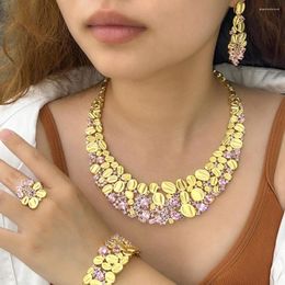 Necklace Earrings Set BeaQueen Brazilian Gold Plated Jewelry For Women Luxury Big Wedding Yellow Pink Cubic Zircon 3 Tones JS360