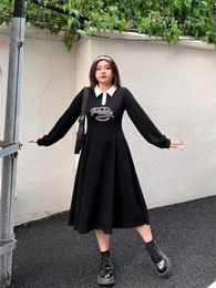 Casual Dresses Black Vintage Long Sleeve Dress Women Autumn Preppy Style Polo Collar Slim Letter Print Korean Fashion Robe