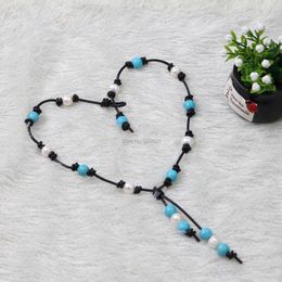 Pendant Necklaces Ambrum Pearls Leather Necklace Blue Stones Choker Knotted Beaded Collar Jewelry Customized DIY