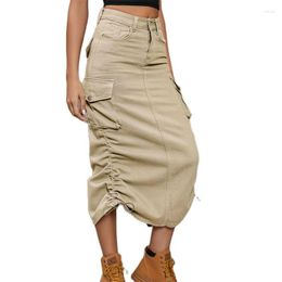 Skirts Safari Style Denim Skirt Women Streetwear Drawstring Elastic-waist Khaki Brown Jean Pocket Casual Straight Long