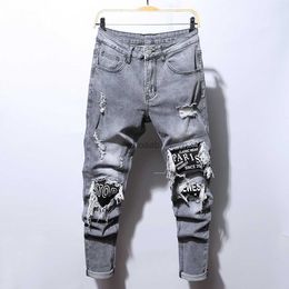 Men Embroidery Jeans Men Cotton Stretchy Ripped Skinny Jeans High Quality Hip Hop Black Hole Slim Fit Oversize Denim Pants HKD230812