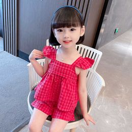 Clothing Sets Girls Summer Clothes Plaid Pattern Costume For Girls Vest Short Girl Set Casual Style Kids Clothing