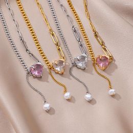 Pendant Necklaces Stainless Steel Pink Zircon Heart Pearl Chain Necklace For Women Gold Color Fashion Jewelry Wedding Accessorie Wholesale