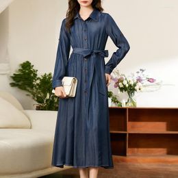 Casual Dresses 2023 Korean Stylish Denim Dress For Fashion Women Ladies Single-breasted High Waist Blue Jeans Maxi Female Streetwear