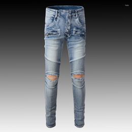 Men's Jeans Streetwear Fashion Men Retro Light Blue Elastic Slim Fit Brand Ripped Spliced Designer Hip Hop Biker Homme