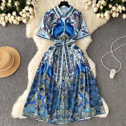 Basic Casual Dresses 2024 New Fashion Print A-line Dress Women's Lapel Thin Vintage Short Sleeve French Party Clothes Vestidos De Verano Mujer