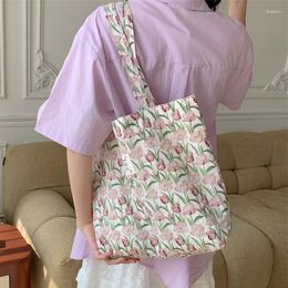 Evening Bags Large Capacity Women's Eco Shopping Bag Tulip Flower Print Ladies Thin Cotton Shoulder Sweet Girls Purse Tote Handbags