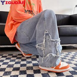 Men's Pants High Street Star Embroidered Jeans Men Retro Washed Patch Loose Wide Leg American Casual Straight Y2K 230812