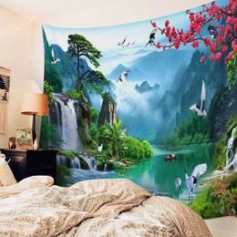 Tapestries Mountains Waterfall Crane Boat Flower Jungle Wall Tapestry Cover Beach Towel Picnic Yoga Mat Home Decoration