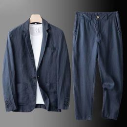 Men's Tracksuits Spring Autumn Fashion Men Linen Two-piece Set Blazer Jacket Pants Solid Slim Fit Casual Business Thin Clothing Breathable Suit 230812