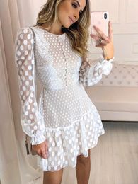 Casual Dresses White Lace Dot Pint Dress 2023 Fashion O-neck Long Sleeve Verstido Double Layer Party Gown Spring Summer Women's Short