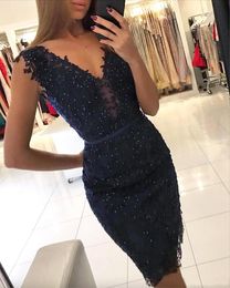 New Designer Dark Navy Mini Short Sheath Cocktail Dresses Beaded Appliques V Neck Knee Length Prom Evening Gowns Women Dress Custom