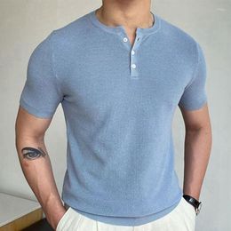 Men's T Shirts Classic Striped Knit Polo Men Fashion O-neck Button Short Sleeve Top Casual Solid Mens Shirt High Quality