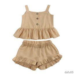 Clothing Sets Summer Toddler Baby Girls Cotton Button-Breasted Vest Shorts Sets Suits Outfits R230812