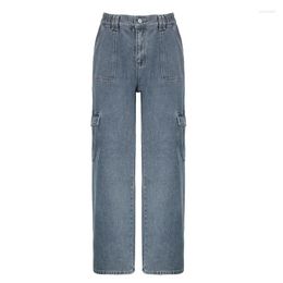 Women's Jeans 2023 Elastic Waist Wide Leg Cargo With Big Pocket Patchwork Straight Grunge Girl Vintage Baggy Denim Trousers Women