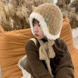 Berets Winter Thickened Warm Plush Ear Protector Knitted Hat Korean Version Button Design Imitation Mink Lace-up Bomber Cap