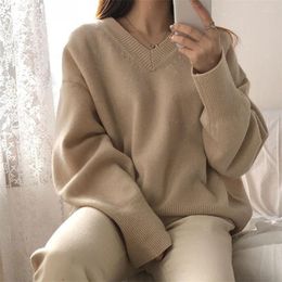 Women's Sweaters Korean Simple Solid Knit Pullover Elegant Women Casual Loose V-neck Oversized Sweater Female All-match Long Sleeve Jumpers